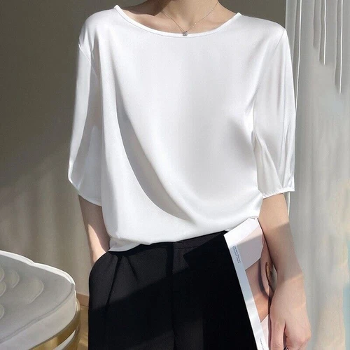 Damen Elegant Satin 3/4 Ärmel Seide Tops Rundhals Bluse T-Shirt Locker Freizeit - Bild 5 von 30