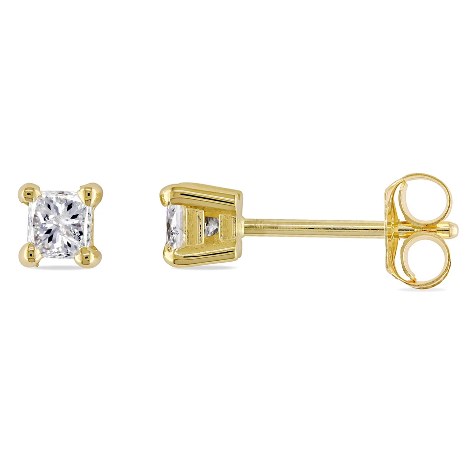 Aretes solitarios de diamantes talla princesa Amour de oro amarillo de 14 k TDW de 1/3 quilates
