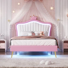 Princess Bed for Girls Bedroom PU Upholstered Bed w/Crown Headboard & LED Lights