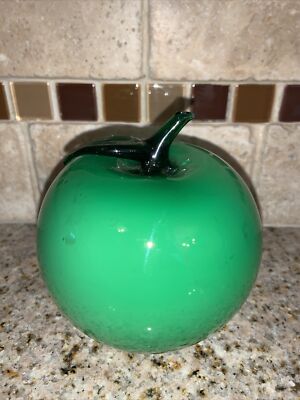Green Glass Hand Blown Glass Art Green Apple Fruit 4'' Very Nice #0630