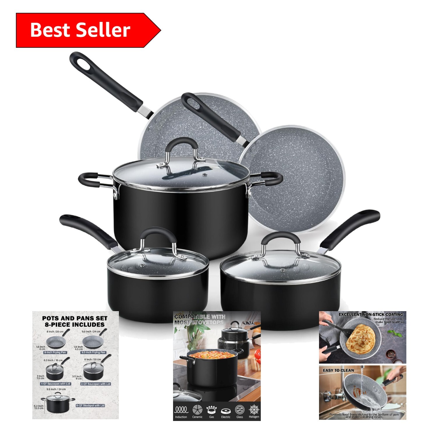 Набор кухонной посуды из 8 предметов с антипригарными ручками и стеклянными крышками Stay-Cool