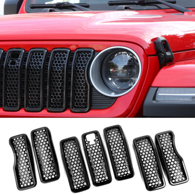 7pc Black Front Grille Grill Net Cover Trim For Jeep Wrangler JL 2024+ w/Camera