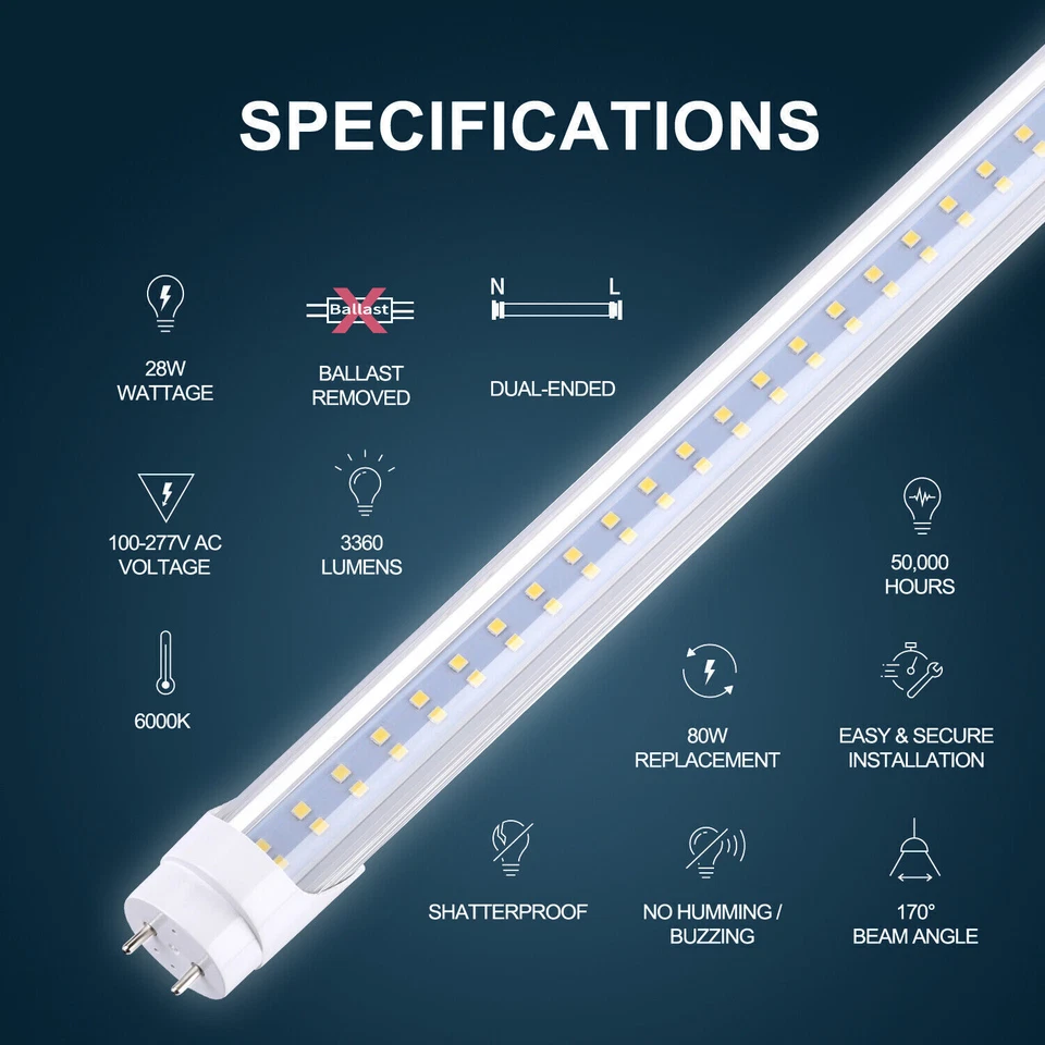 25/100Pack 22W 28W 4FT T8 LED Tube Light 4Foot G13 2-Pin Dual Power Garage Light - Image 3 of 4