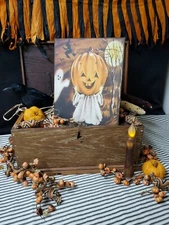 VINTAGE PRIMITIVE  VICTORIAN STYLE HALLOWEEN HUGE PUMPKIN HEAD GHOST SPOOKY SIGN