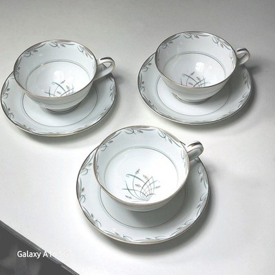 Noritake China Tea Cup & Saucer Nicole 5768 Gold Trim Blue Gray Wheat Lot of 3