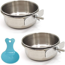 2PCS Bird Feeding Dish Cups with Spoon, Parrot Food Bowl Clamp Holder - Stainles