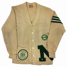 VTG 50s High School Varsity Cardigan Cream Wool Letterman Sweater w Patch Size S