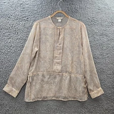 H&M Womens Blouse Top Size EUR 42 Beige Floral Sheer Long Sleeve Drawstring