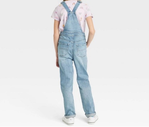 Cat & Jack Girls' Jean Denim Overalls Jumpsuit Straight Leg, Light Wash Sz L - Picture 2 of 12