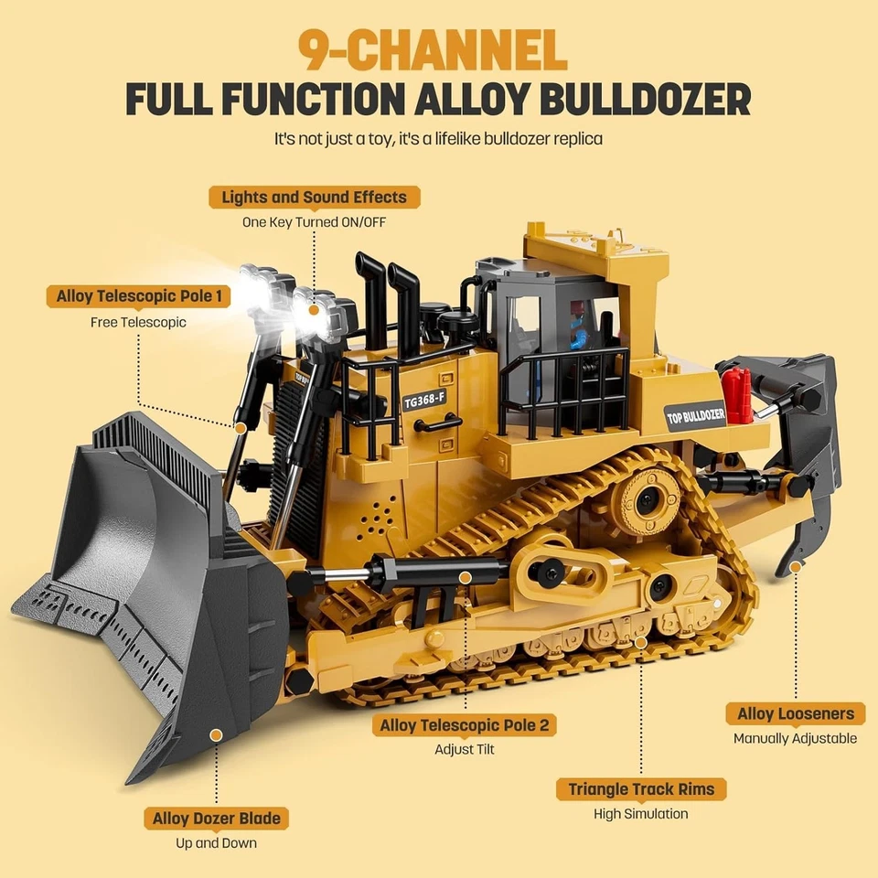 9-Channel Metal RC Bulldozer - Realistic Remote Control Kids Construction Play T - Image 2 of 4