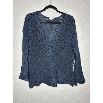J Jill Open Knit Navy Sweater Tassel Tie Crochet Beachy Coastal Cottage Medium