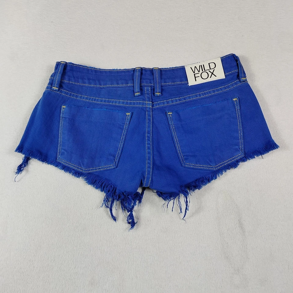 Wildfox 短裤女式 25 蓝色仿旧牛仔镂空磨边原始下摆美国制造 — 第 3/4 张图片