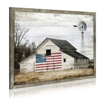 Wooden Picture Art Wall Decor: Rustic Old Barn Artwork American Flag Painting...