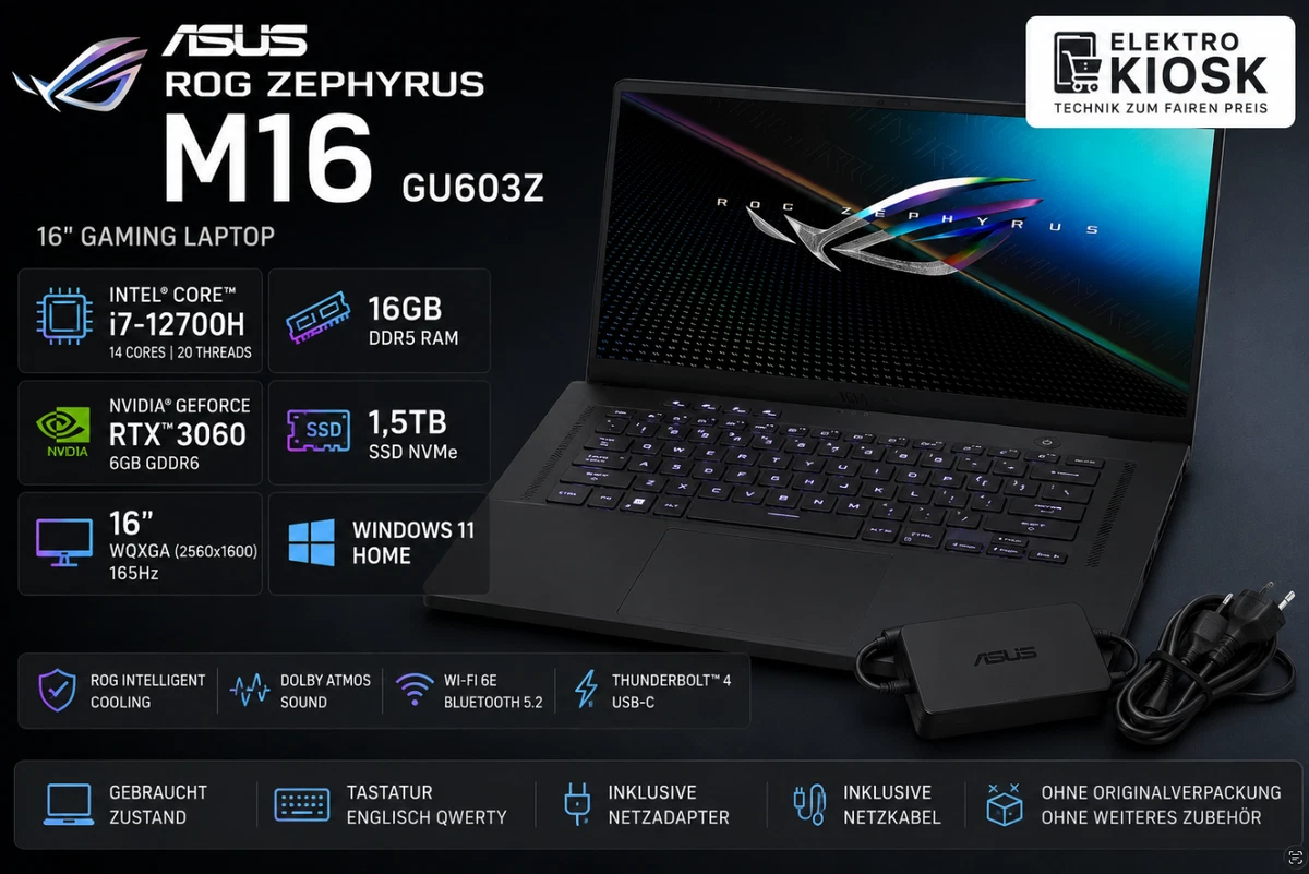Portátil para juegos ASUS Zephyrus M16 GU603Z | 16" i7-12700H 16 GB - 1,5 TB RTX 3060