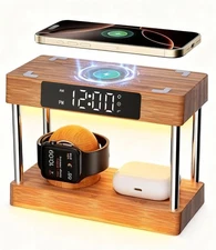 Bamboo Wireless Charging Station with Clock, Gifts for Her Him Bedside Light Ala