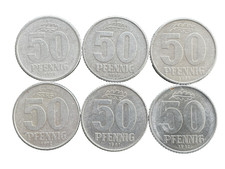 6 M&uuml;nzen 50 Pfennig DDR unterschiedliche Jahrg&auml;nge 1958-1982 KM# 12
