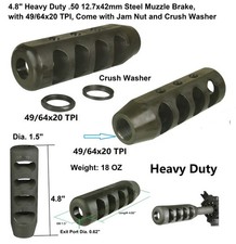 Steel 4.8" 18 OZ Heavy Duty 49/64x20 TPI Competition Muzzle Brake F .50 12.7x42