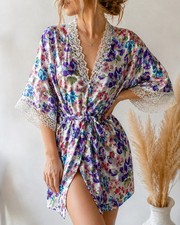 Delicates Robe Womens M Floral Satin Kimono Lace Trim Belted Bridal Pockets