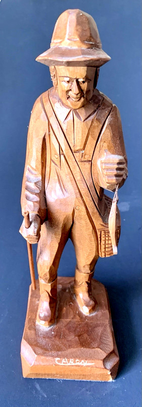 CARON WOODEN FISHERMAN WITH FISH AND POLE FIGURINE 10" TALL 3" X 3 1/4" BASE