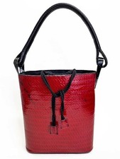 KENZO PARIS ROSSO *PAGODON* BORSA A SECCHIELLO TESSUTO CESTO-MANICO AVVOLTO IN PELLE, RARO VINTAGE