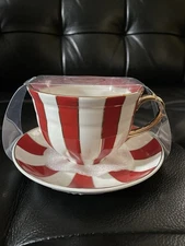 NEW Grace Teaware Red & White Stripe Teacup & Saucer Set With Gold Trim & Handle