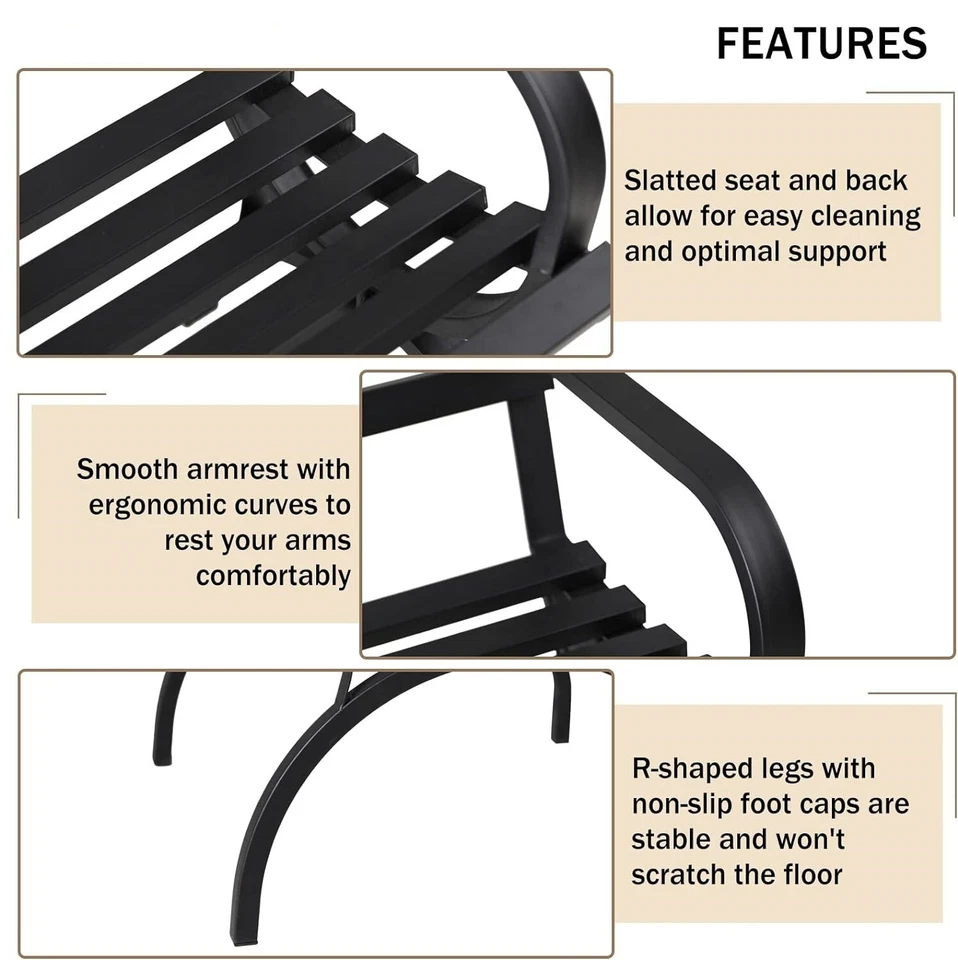 户外花园长椅露台公园长椅金属框架家具门廊庭院黑色 — 第 2/4 张图片