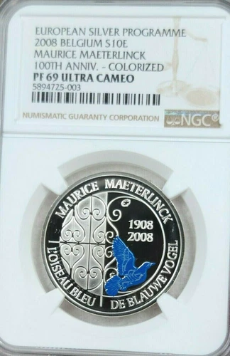 2008 BELGIUM SILVER 10 EURO MAURICE MAETERLINCK NGC PF 69 ULTRA CAMEO TOP POP !