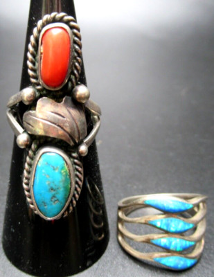 Native American Sterling Silver 925 Turquoise Coral & Opal Rings