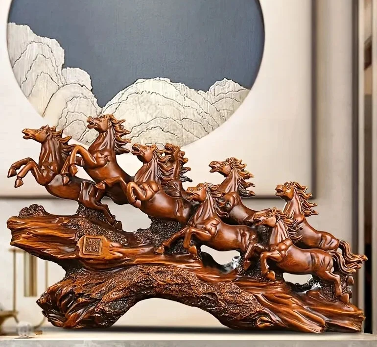 NUEVA ESTAMPIDA DE 8 CABALLOS 14" ¡Impresionante! Estatuilla de resina marrón leñosa escultura 8x14 Foto 3 de 4