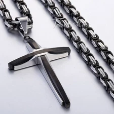 18-30" Men Boys Black Stainless Steel Cross Pendant Necklace Byzantine Box Chain
