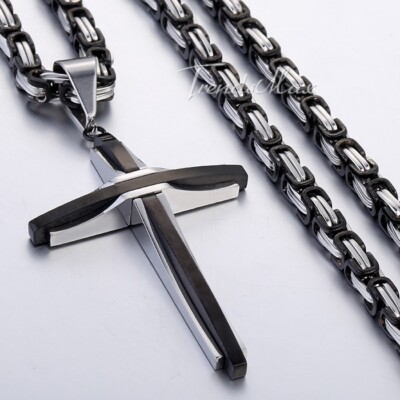 18-30'' Men Boys Black Stainless Steel Cross Pendant Necklace Byzantine Box Chain