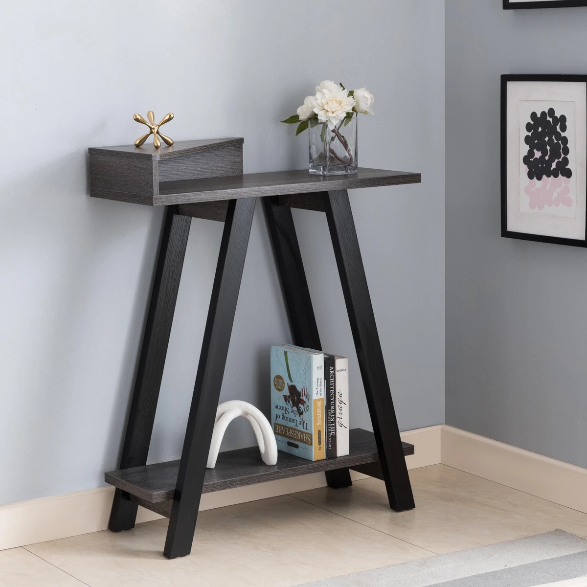 Distressed Grey Black A Shape Leg Console Table with Bottom