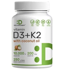 Vitamin D3 10,000 IU + K2 MK7 200 mcg - with Virgin Coconut Oil - 250 Softgels