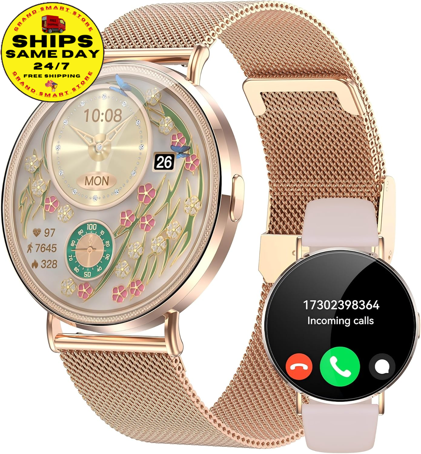 Smart Watch for Women with Rose Gold Aluminium Case with Stainless Steel Strap,