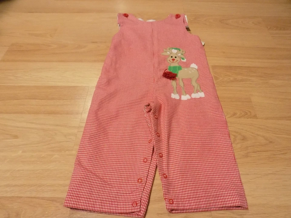 Size 2T Kelly's Kids Red White Plaid Rudolph Reindeer Holiday Longalls Romper  - Image 3 of 4