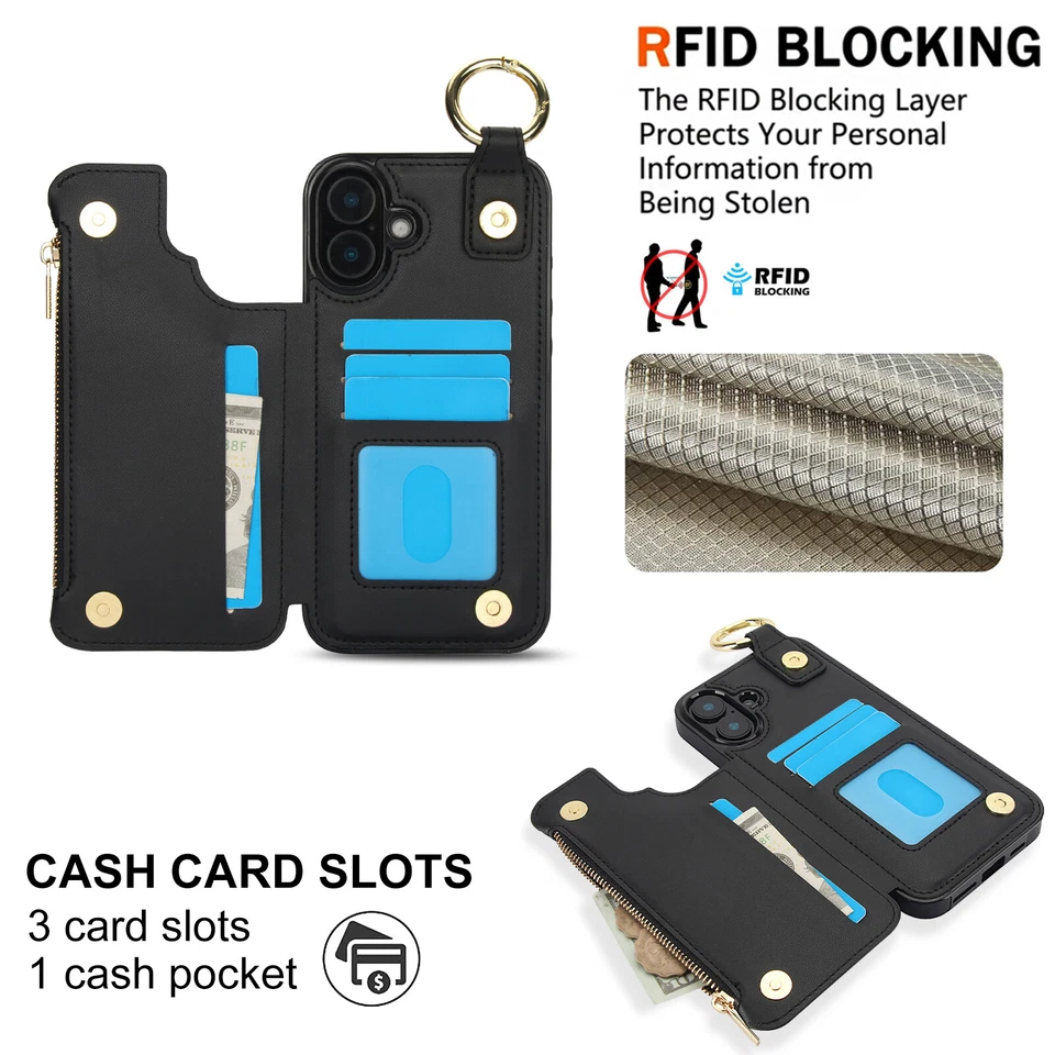 Capa traseira flip porta-cartão bloqueio RFID para iPhone 16 Pro Max 15 14 13 12 11 - Imagem 3 de 4
