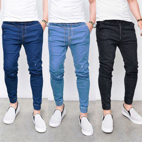 Mens Tapered Slim Fit Denim Pants Jogging Trousers Jeans Joggers Bottoms Casual - Afbeelding 1 van 11