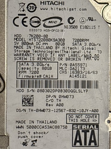 Hitachi HTS722080K9A300 Hard Drives Notebook Drives 80GB-7200RPM - Picture 2 of 4