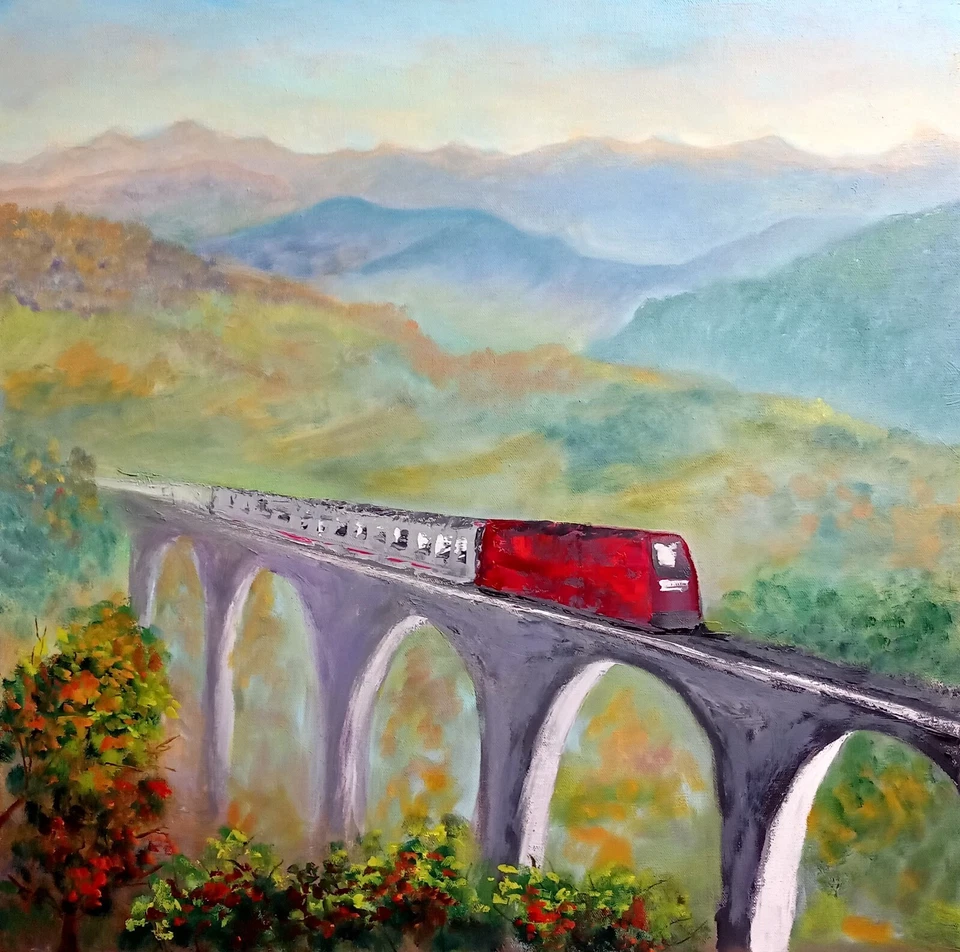 Zug Brücke Berge Ölbild 60x60 cm Landschaft Original Gemälde auf Leinwand - Bild 1 von 4