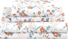 Floral Queen Sheet Set Orange Flower Printed Bed Sheets - 4 Piece Soft Microfibe