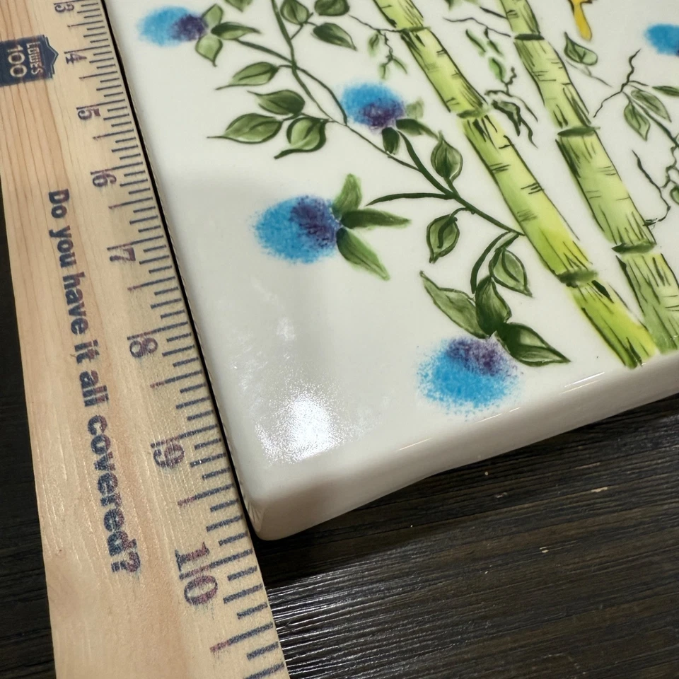 Arte azulejo bambu linda flor azul borboleta inspiração asiática pintada à mão 8x10” - Imagem 4 de 4