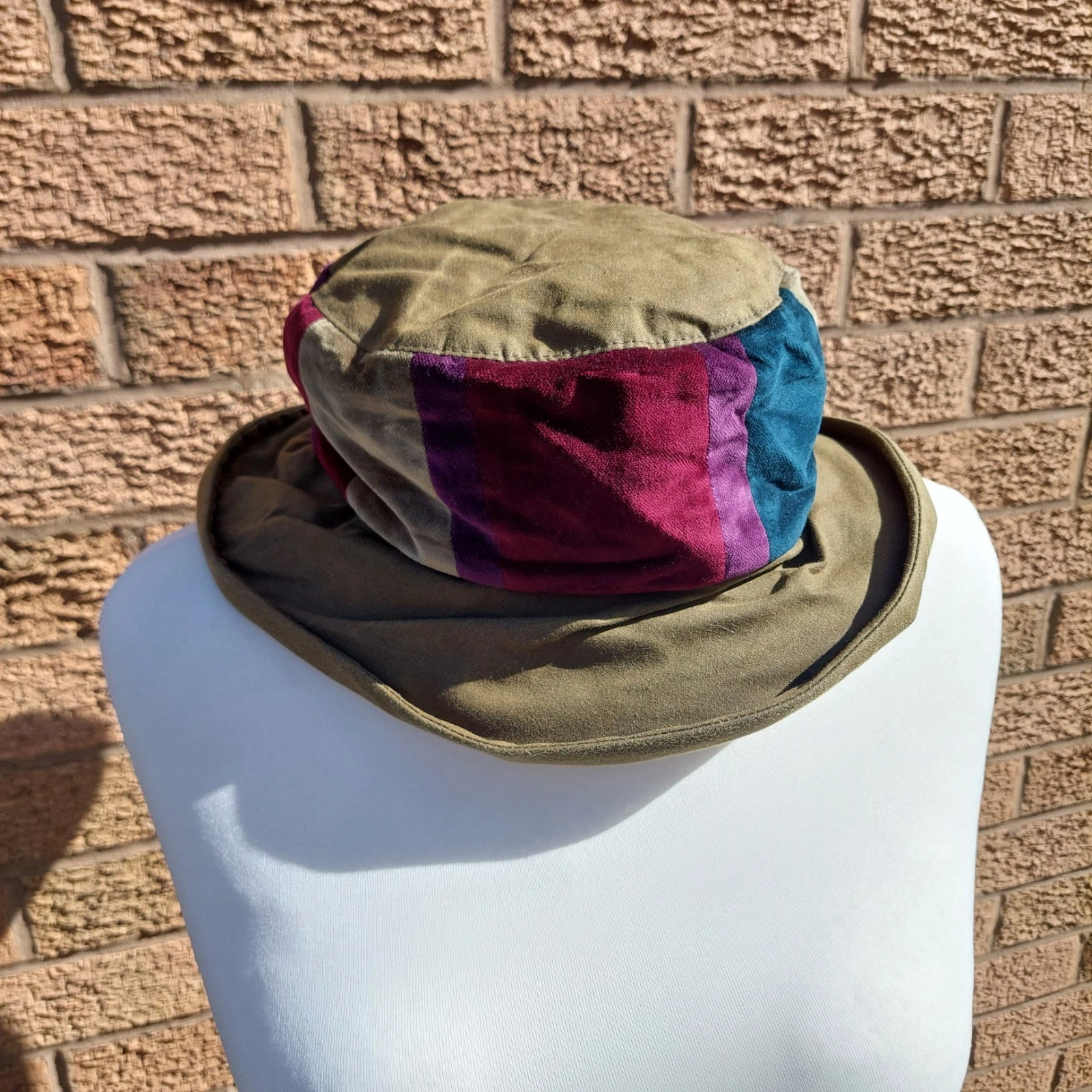 Olney Vintage Bucket Hat Khaki With Purple and Teal Velvet Hippie Boho 90s Style