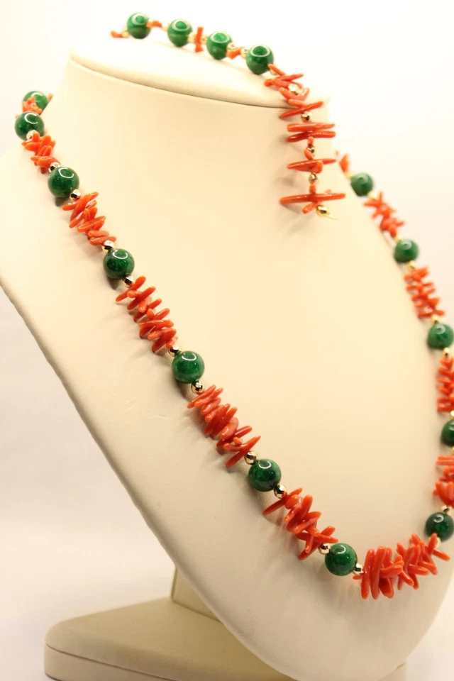COLLANA e BRACCIALE CORALLO ROSSO E GIADA VERDE  CM 60 CM 19 NATURALE EXPLOIT - Immagine 3 di 4