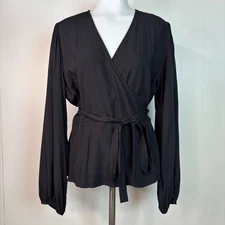 Old Navy Wrap Top Large Black Long Sleeve Blouse Women's