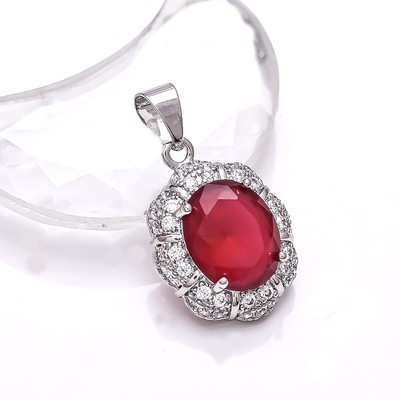 Ruby - Simulated, Cubic Zirconia Gemstone 925 Sterling Silver Pendant 1.00'' P925
