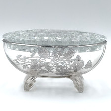 MCM Glass Oval Flower Frog Silver Flowers Overlay Footed