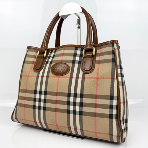 Burberrys Nova Check Canvas Leather Tote Bag Beige Brown Three Compartment Auth