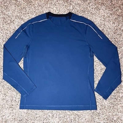 Lululemon Mens XL Blue Long Sleeve Running Performance Top V-Neck w Key Pocket