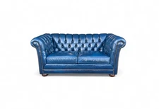 Vintage Navy Blue Chesterfield Leather Loveseat – Restored Classic
