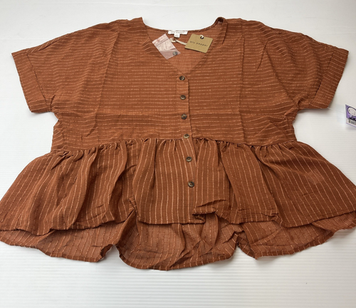 Blu Pepper for Anthropologie Brown Striped Button Front Bottom Flounce Blouse L - Foto 3 di 10